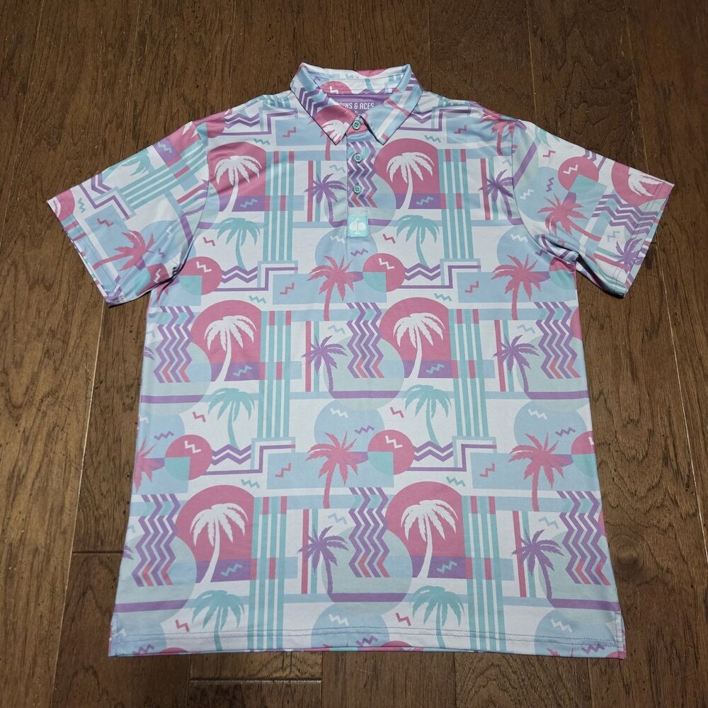 Mens Pins & Aces Performance Golf Polo Shirts Beach Party Palm Tree Pastels XL